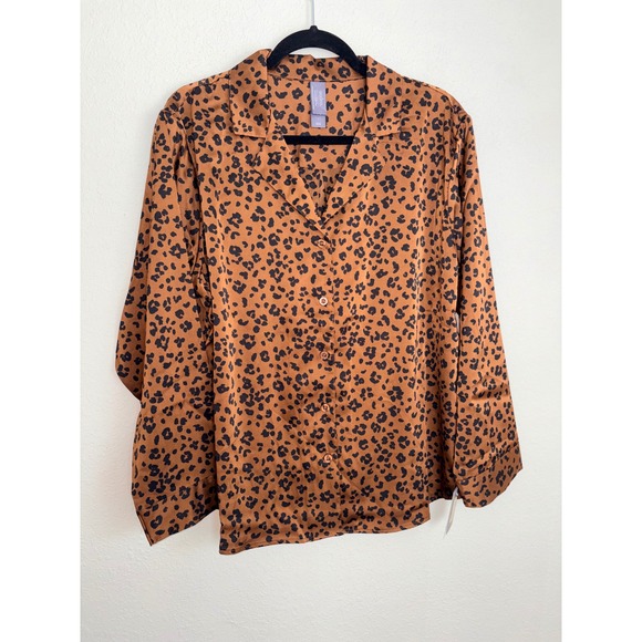 Auden Other - Auden Luxe Satin Pajama Top Large Brown New Leopard Print Button Down Shirt